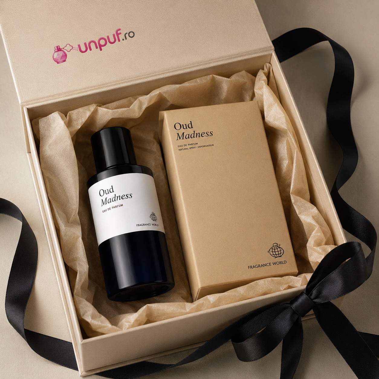 Ce primești în colet Fragrance World Oud Madness 60 ml, parfum original ambalat cu atenție și cutie premium