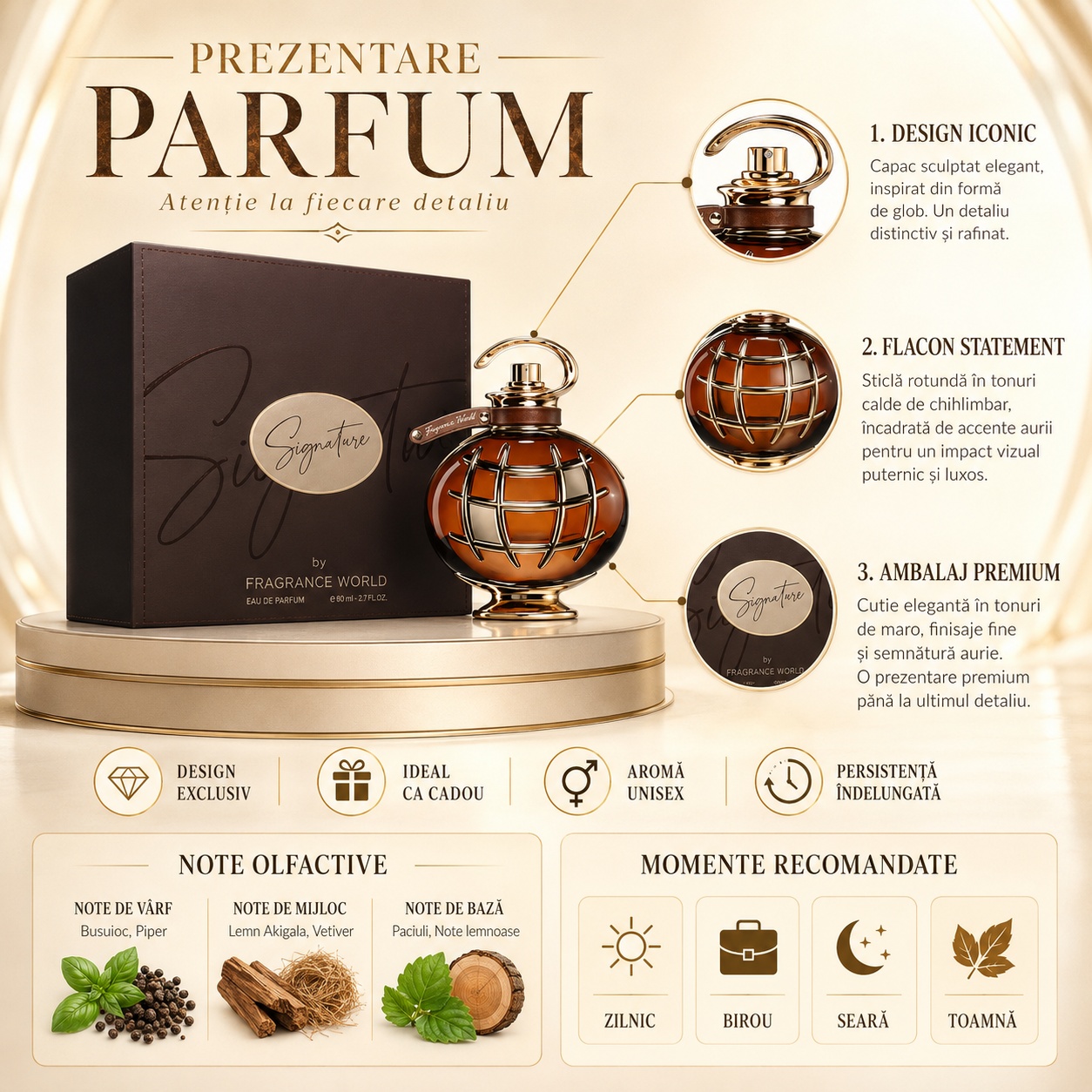Prezentare parfum Signature Brown Fragrance World cu design iconic, note olfactive și momente recomandate