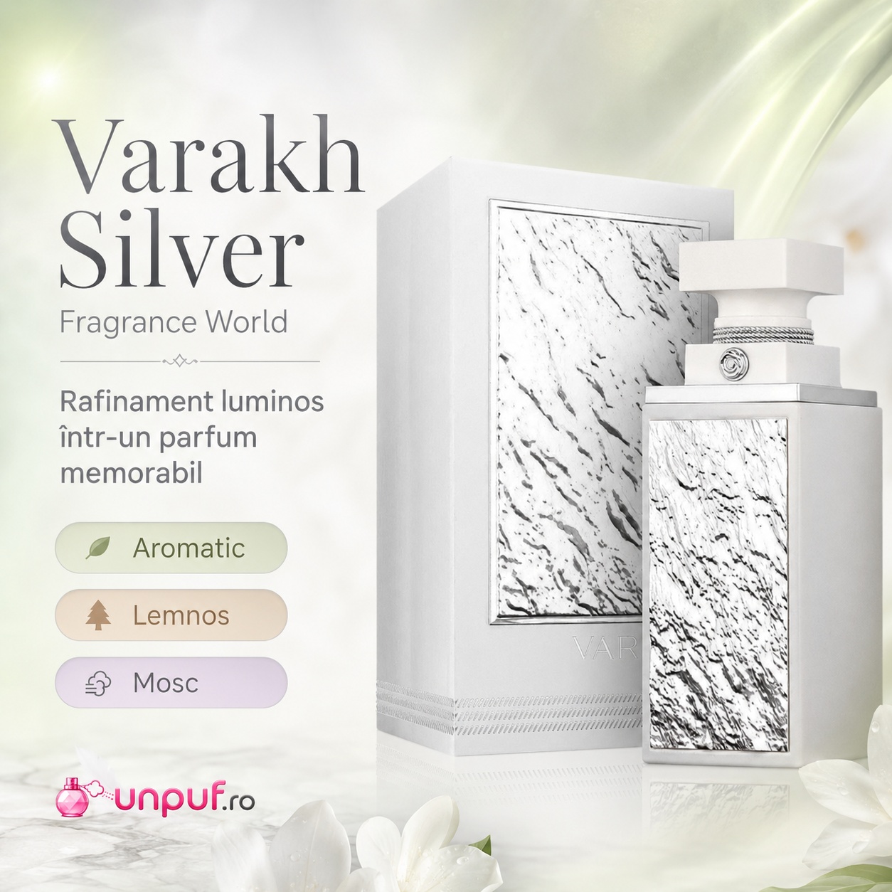 Varakh Silver Fragrance World rafinament luminos &icirc;ntr-un parfum memorabil cu acorduri aromatic lemnos și mosc