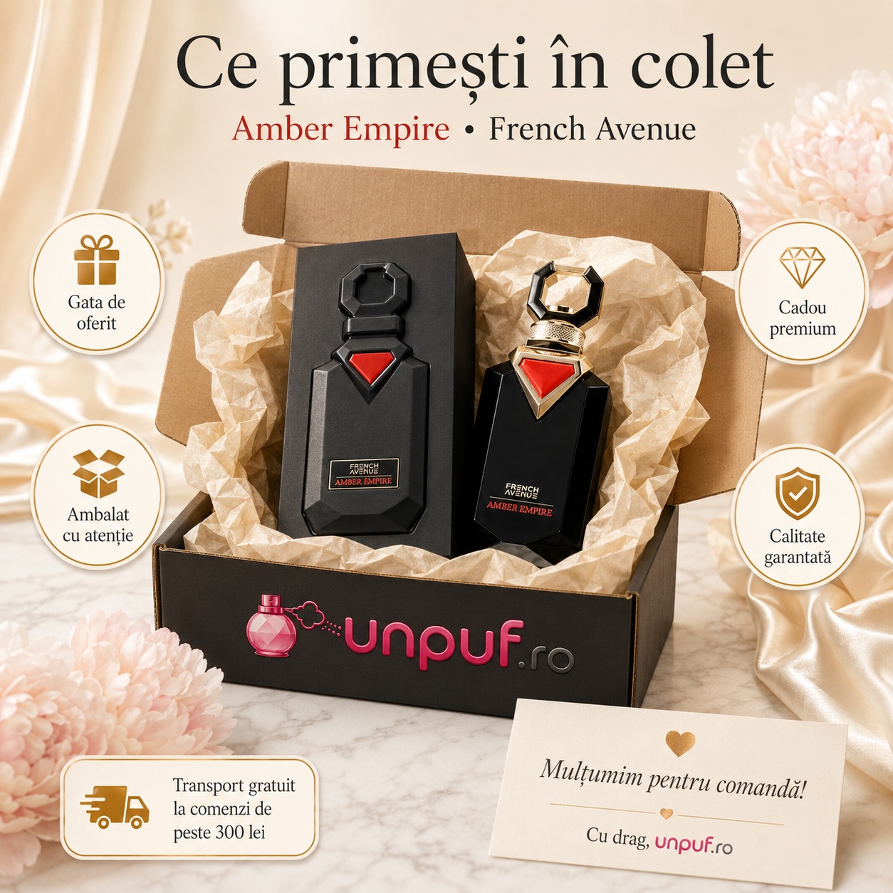 Ce primești &icirc;n colet pentru French Avenue Amber Empire, parfum și cutie originală, cadou premium și ambalare atentă unpuf.ro