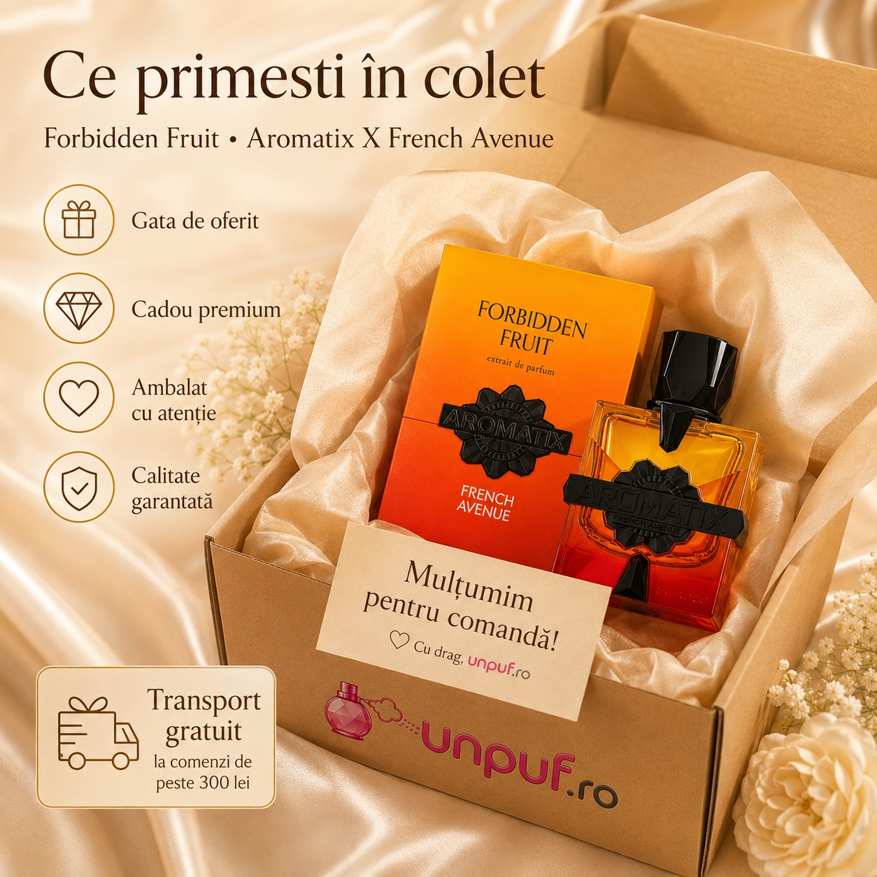 Colet parfum Aromatix Forbidden Fruit French Avenue ambalat cu atenție, gata de oferit cadou premium