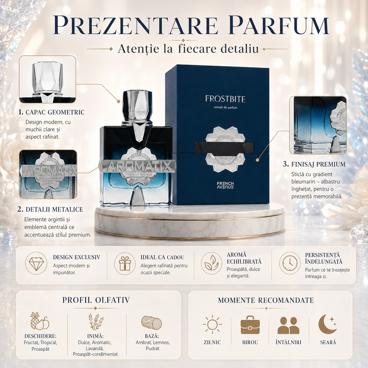 Prezentare parfum Aromatix Frostbite French Avenue cu detalii metalice, capac geometric, finisaj premium și profil olfactiv