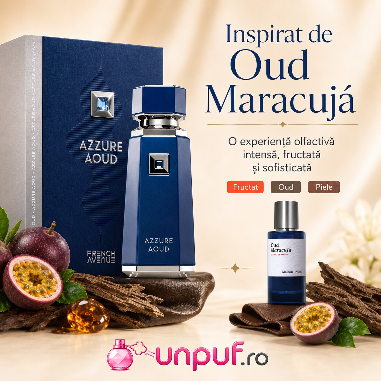 Parfum Azzure Aoud French Avenue inspirat de Oud Maracuja Maison Crivelli, intens, fructat și sofisticat