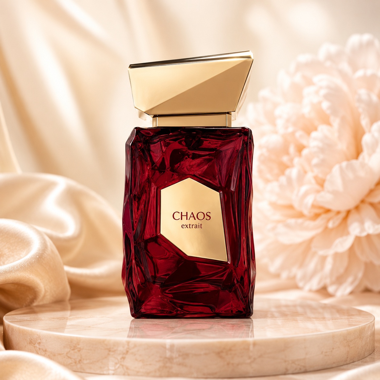 Sticlă parfum Chaos French Avenue 100 ml pe fundal luminos premium cu satin și flori