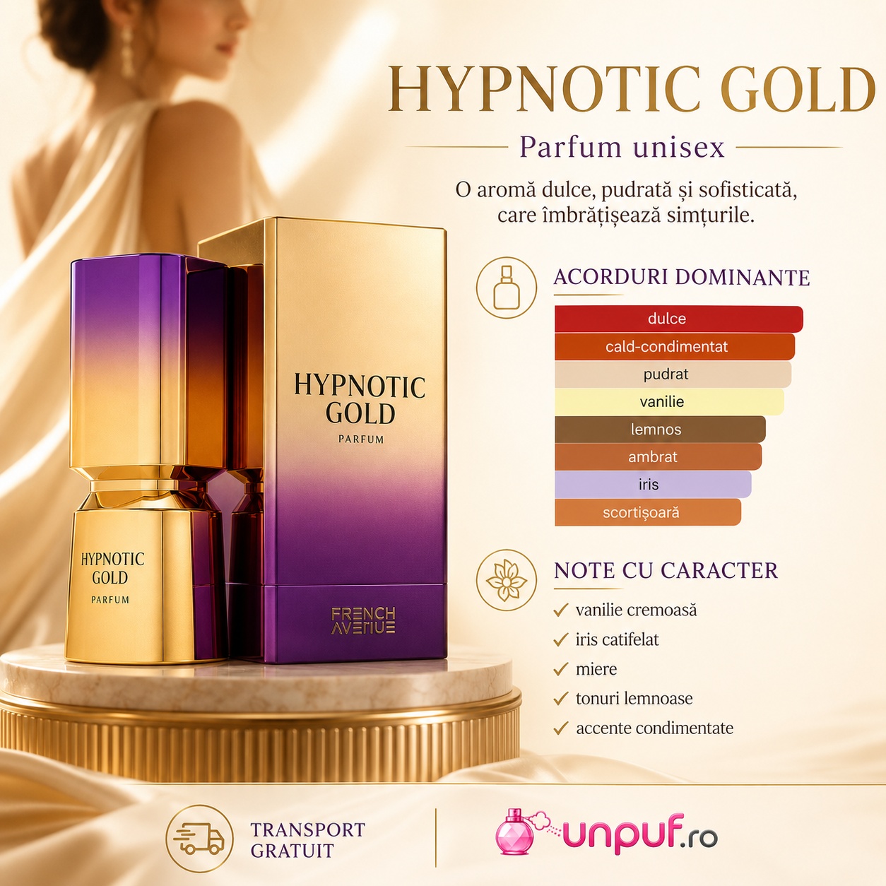 Acorduri dominante Hypnotic Gold French Avenue cu dulce, cald condimentat, pudrat, vanilie, lemnos, ambrat, iris și scorțișoară