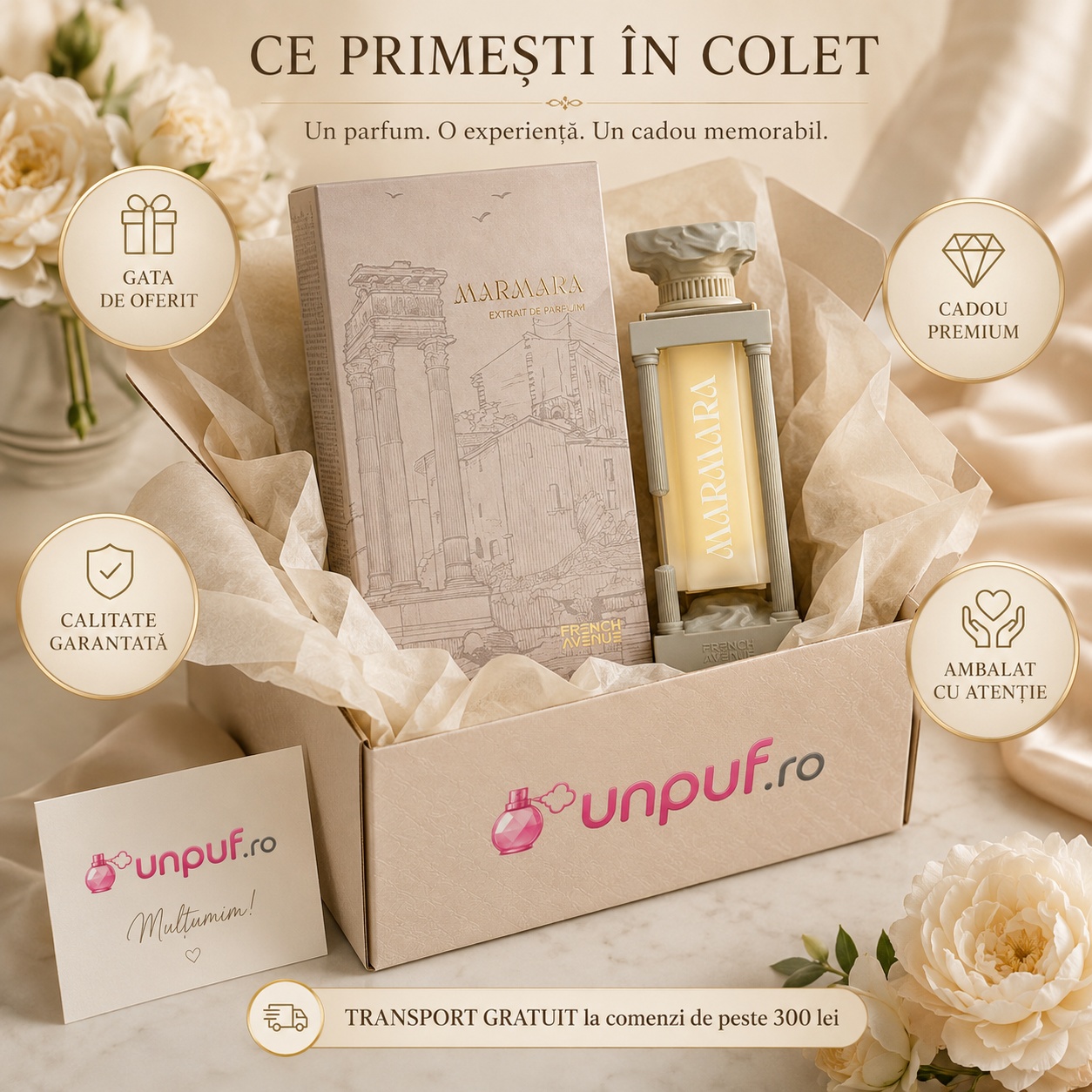Ce primești în colet French Avenue Marmara 100 ml, parfum original ambalat cu atenție și cadou premium
