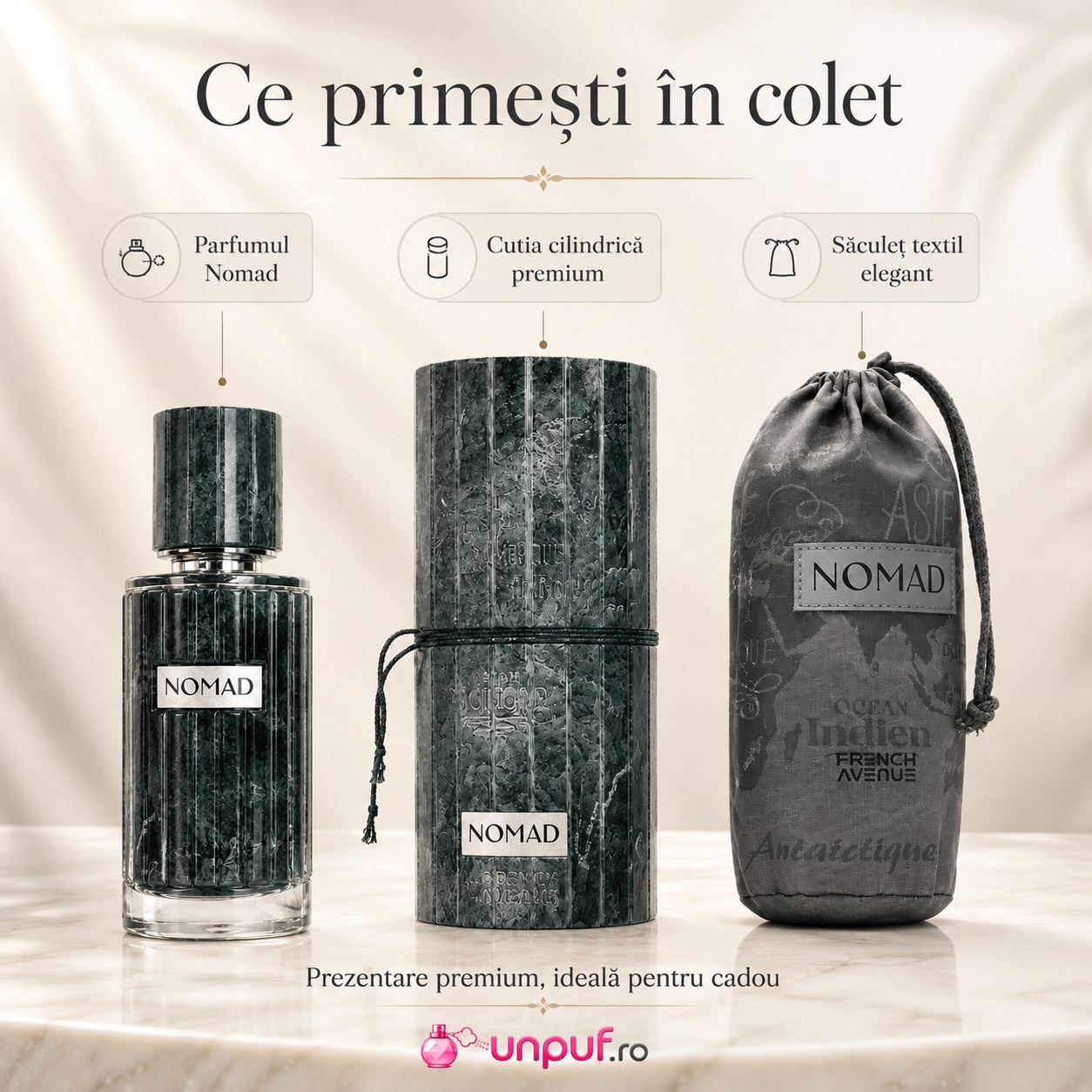 Ce primești &icirc;n colet Nomad French Avenue parfum, cutie cilindrică premium și săculeț textil elegant