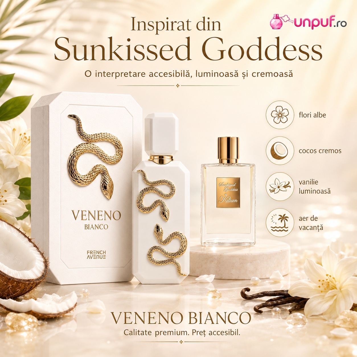 Veneno Bianco French Avenue inspirat de Sunkissed Goddess parfum cu flori albe cocos cremos vanilie luminoasă și aer de vacanță
