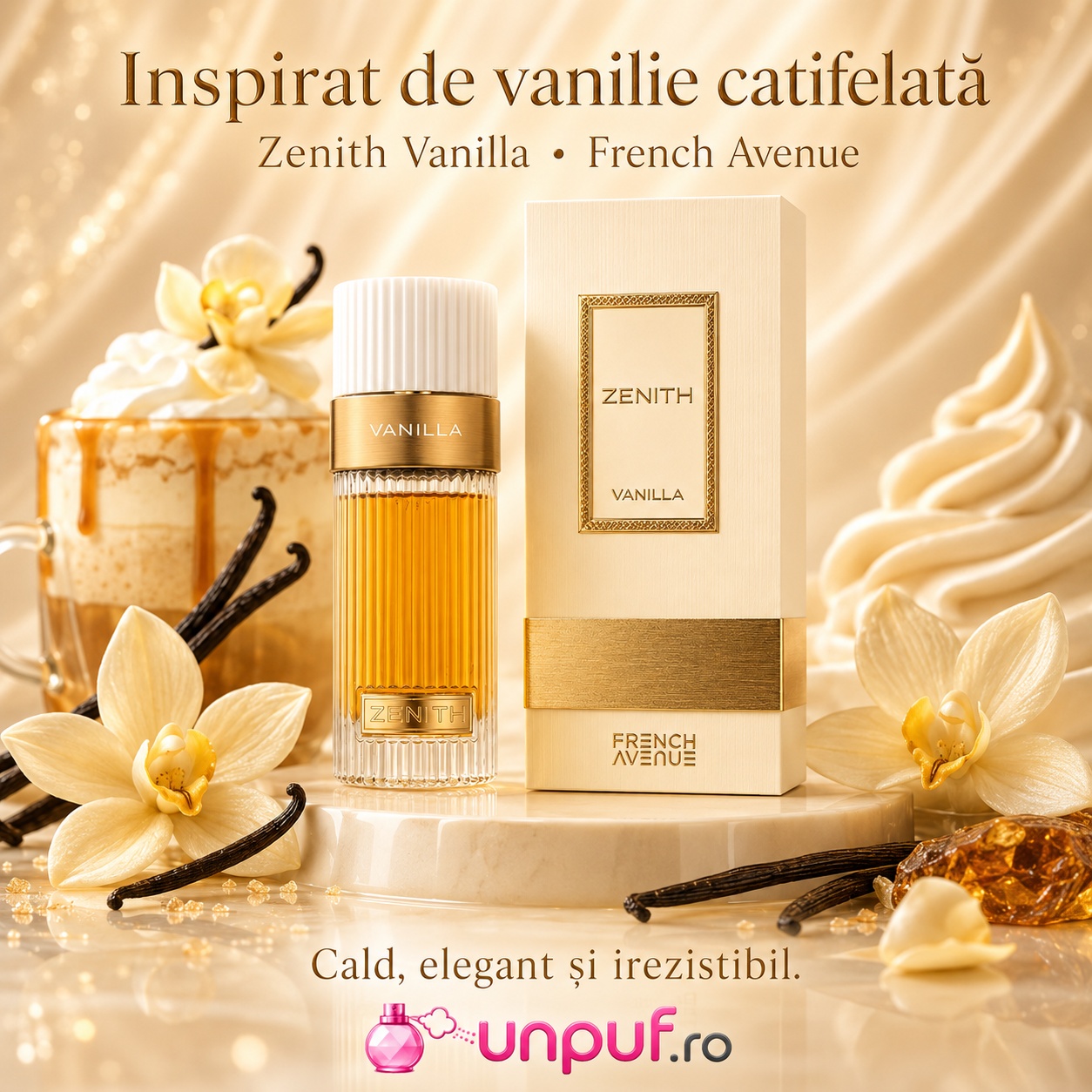 French Avenue Zenith Vanilla inspirat de vanilie catifelată, cu flori de vanilie, cremă, caramel și ambra aurie