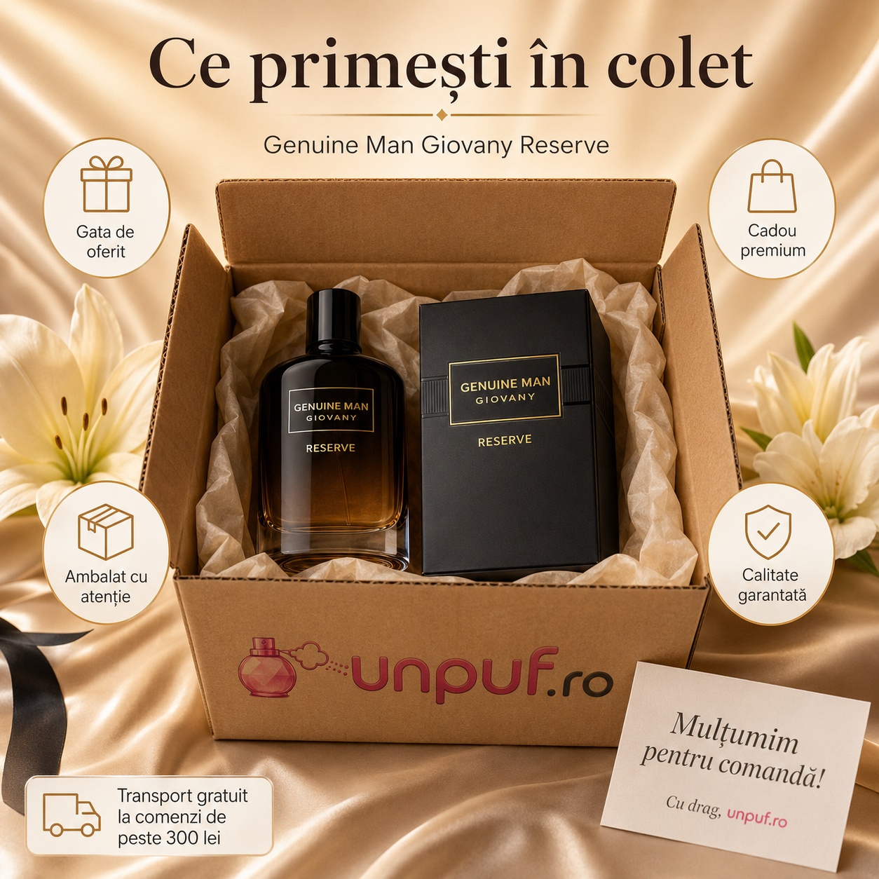Ce primești în colet Genuine Man Giovany Reserve Fragrance World parfum 100 ml ambalat cu atenție și pregătit pentru cadou