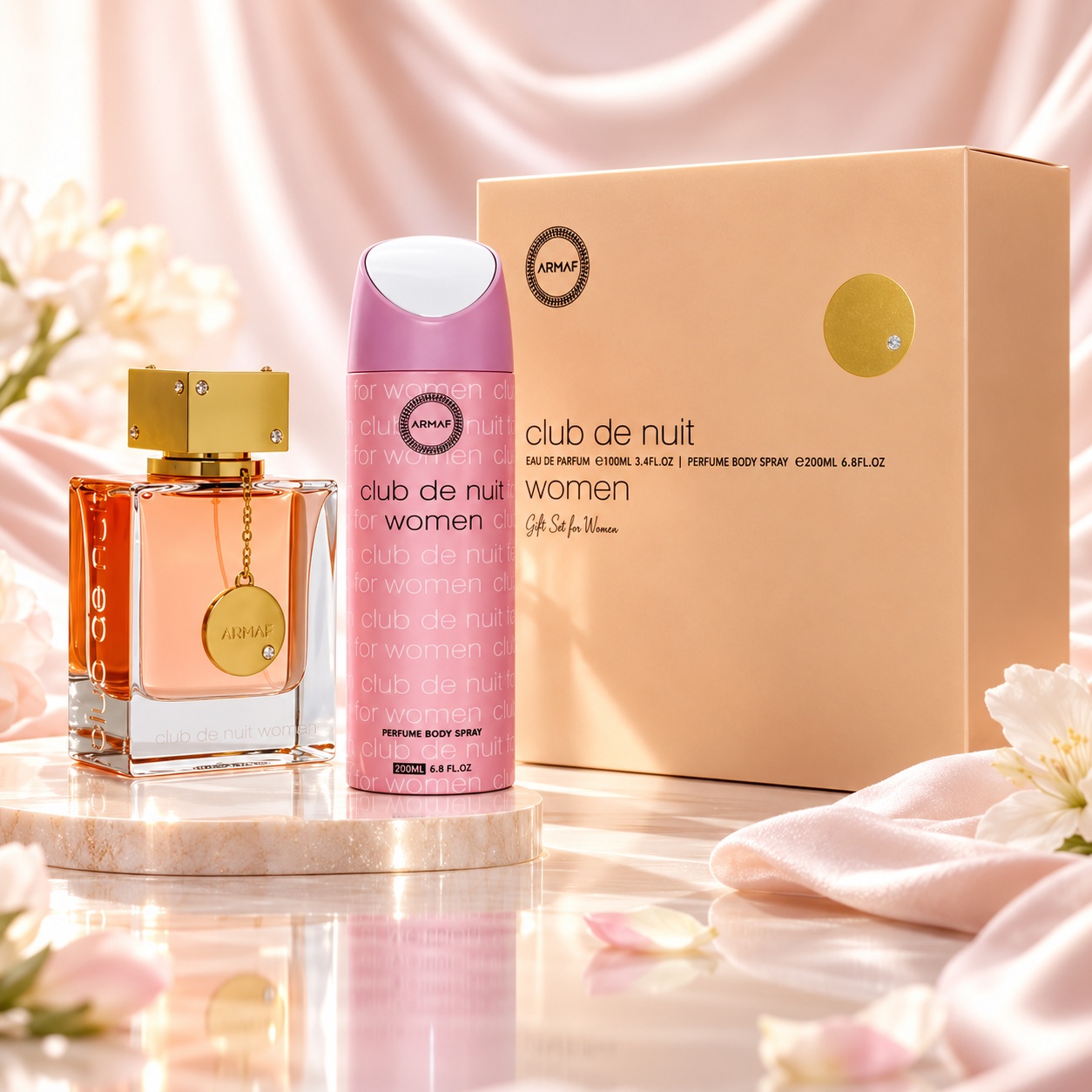 Armaf Club De Nuit Woman Gift Set 105 ml parfum de damă cu flacon roz auriu body spray și cutie premium
