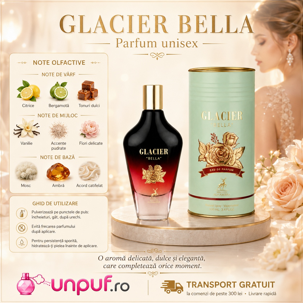 Note olfactive Glacier Bella citrice bergamotă tonuri dulci vanilie accente pudrate flori delicate mosc ambră acord catifelat