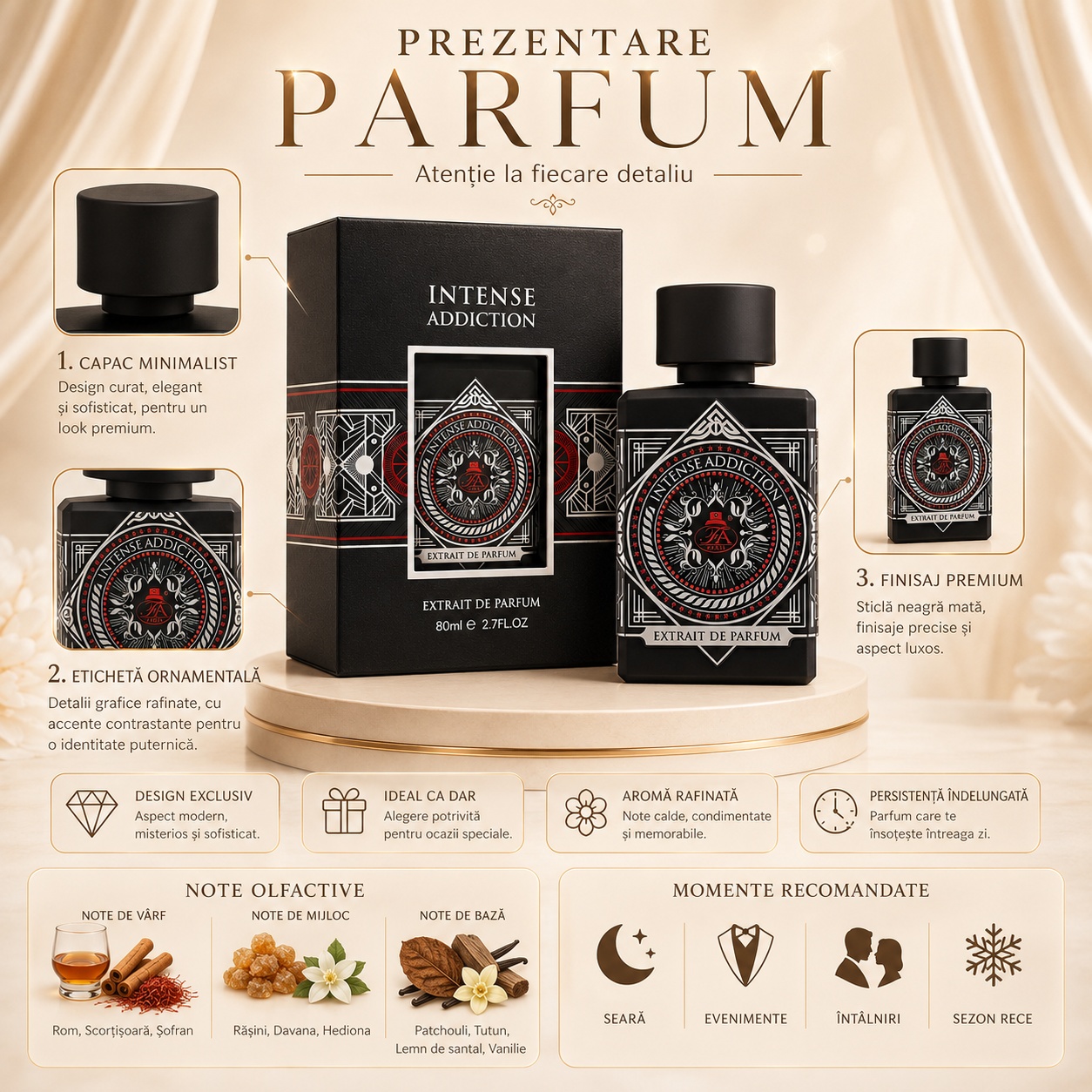 Prezentare parfum Intense Addiction detalii capac etichetă ornamentală finisaj premium note olfactive rom scorțișoară șofran rășini davana hedionă patchouli tutun santal vanilie