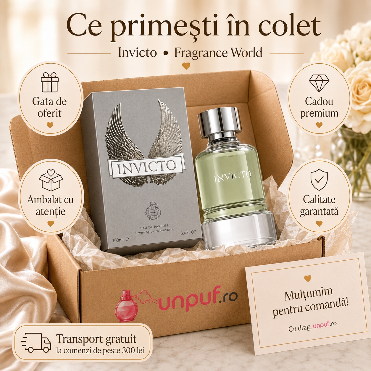 Ce primești în colet Invicto Fragrance World parfum 100 ml ambalat cu atenție și pregătit pentru cadou