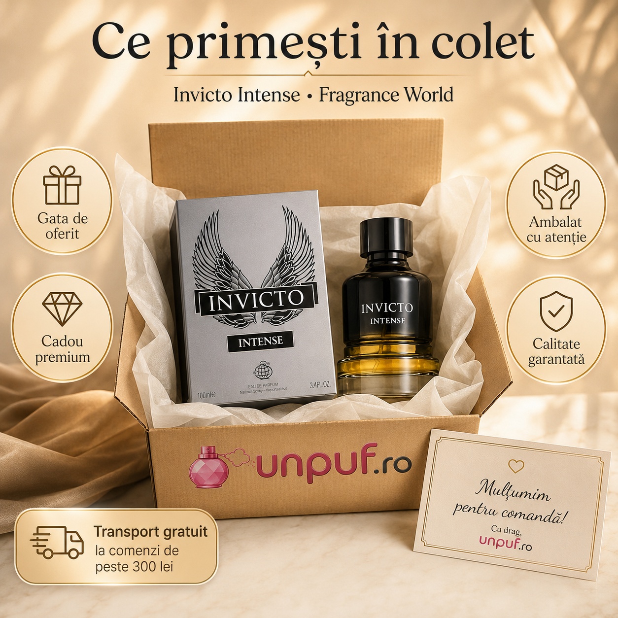 Ce primești în colet Invicto Intense Fragrance World parfum 100 ml ambalat cu atenție și pregătit pentru cadou