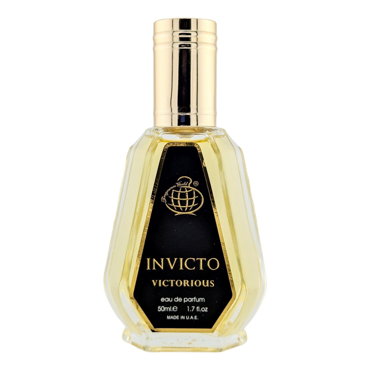 Parfum Invicto Victorious Eau de Parfum 50 ml imagine produs pe fundal alb cu flacon auriu și etichetă neagră