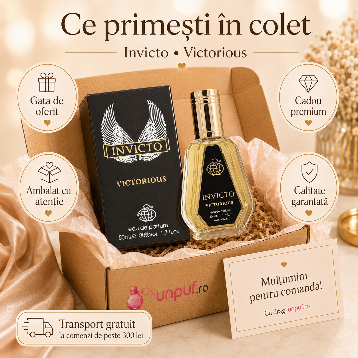 Ce primești &icirc;n colet Invicto Victorious Fragrance World parfum 50 ml ambalat cu atenție și pregătit pentru cadou