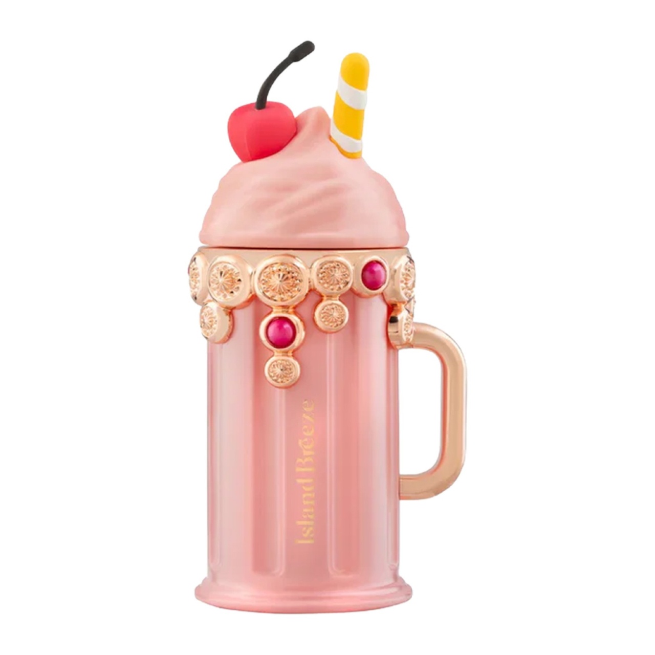 Flacon original Island Breeze Armaf 100 ml roz cu capac cremă, cireașă decorativă, ornament galben și detalii rose gold
