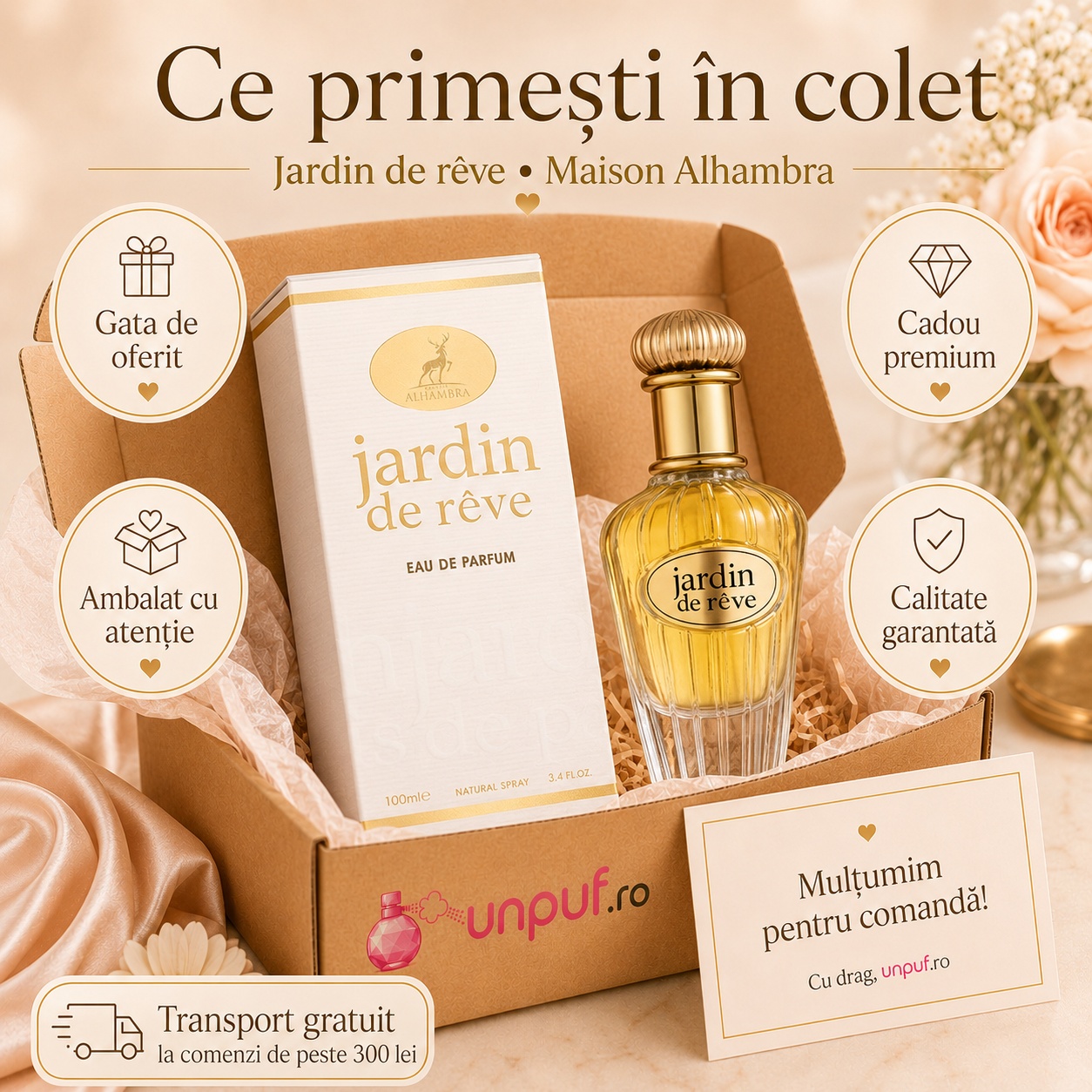Ce primești &icirc;n colet Jardin de R&ecirc;ve Maison Alhambra 100 ml ambalat cu atenție cadou premium unpuf.ro