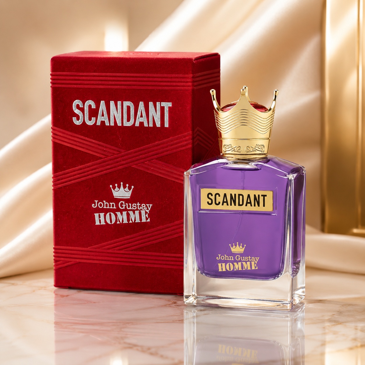Parfum Arăbesc John Gustav Homme Scandant Eau de Parfum 100 ml cu flacon mov regal și cutie roșie premium