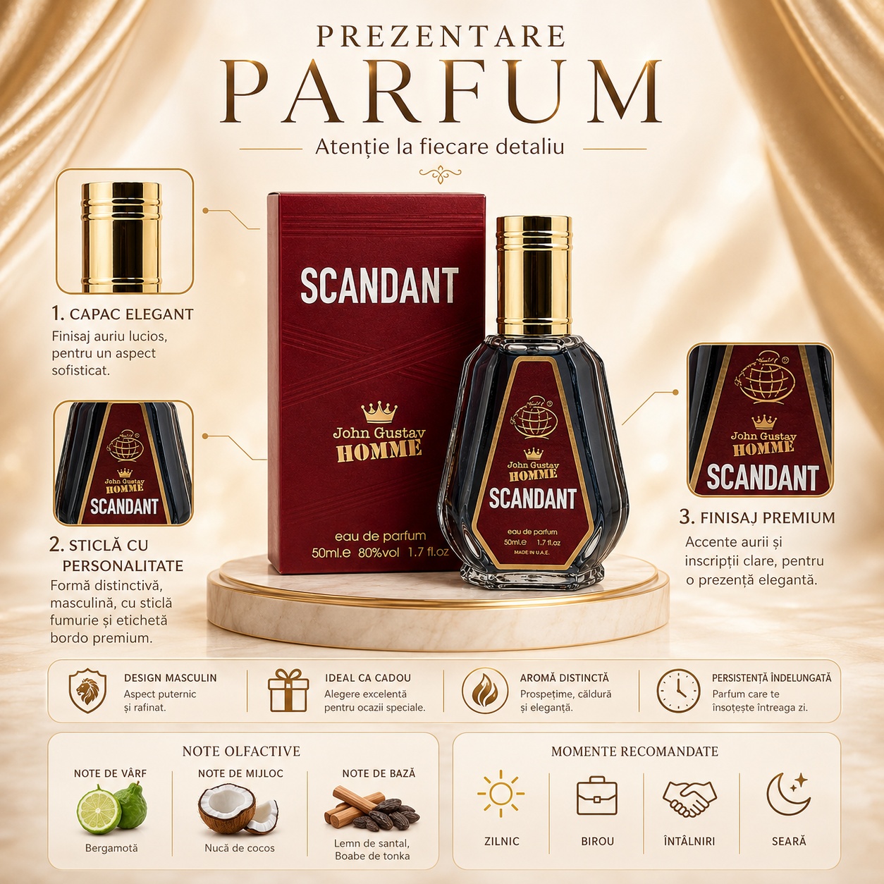 Prezentare parfum John Gustav Homme Scandant Le Parfum cu detalii despre flacon, capac, note olfactive și momente recomandate