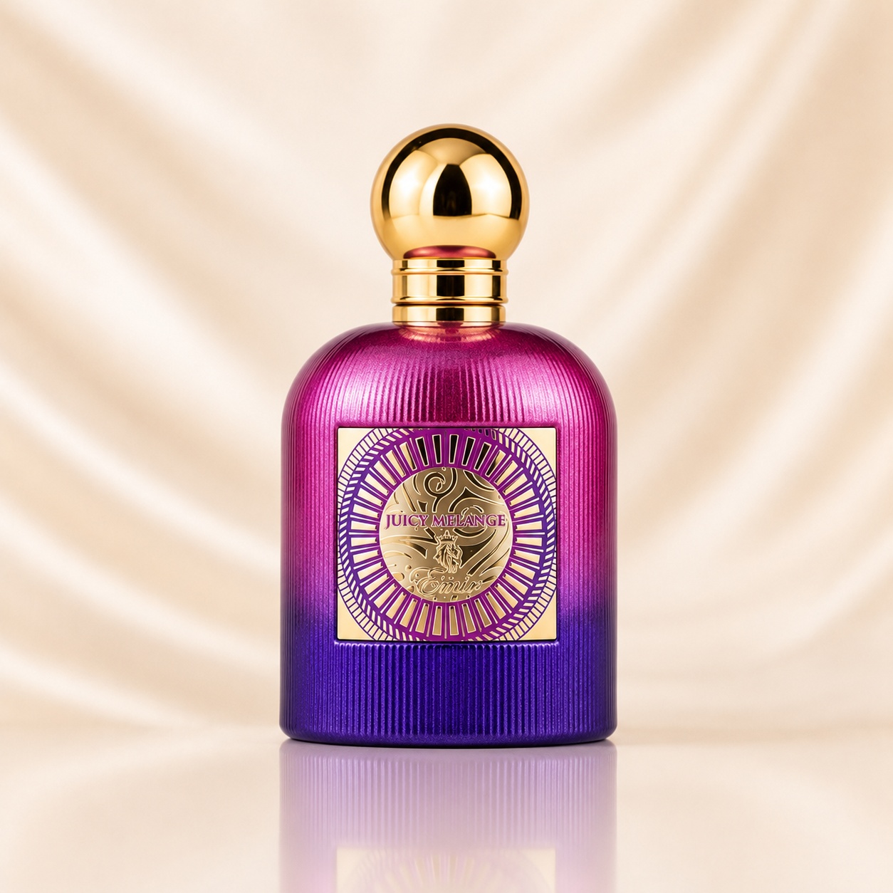 Flacon Juicy Melange Emir 100 ml mov magenta cu textură striată, capac auriu sferic și etichetă ornamentală premium