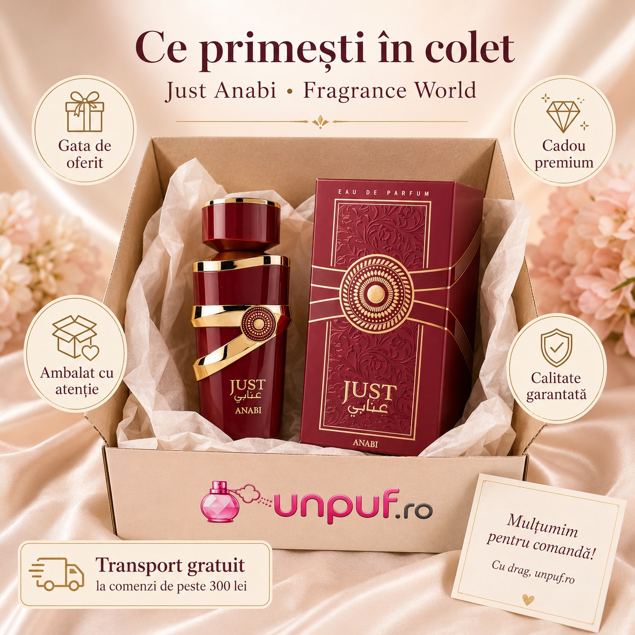 Ce primești în colet Just Anabi Fragrance World parfum 100 ml ambalat cu atenție și pregătit pentru cadou