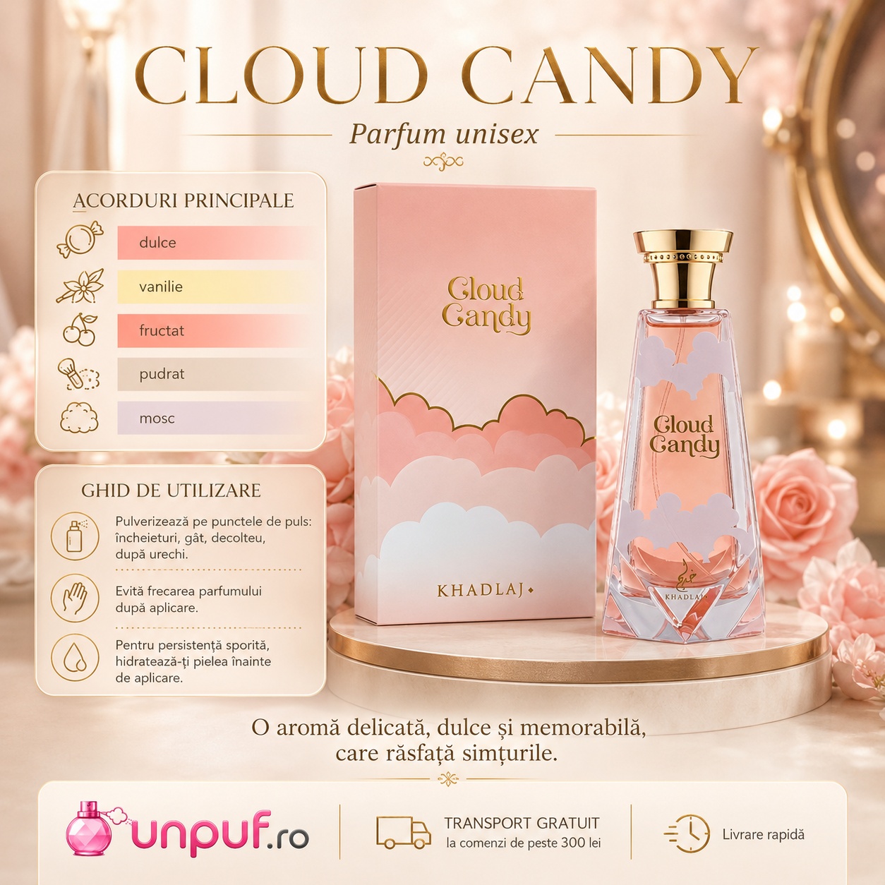 Khadlaj Cloud Candy ghid de utilizare cu acorduri dulci, vanilate, fructate, pudrate și moscate