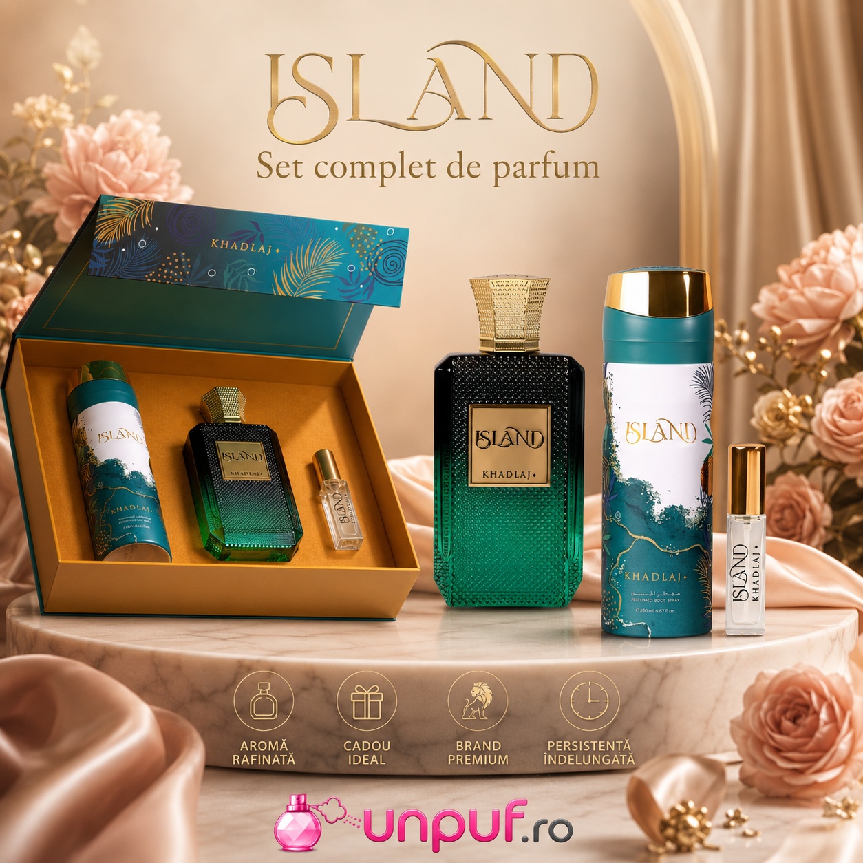 Khadlaj Island set complet de parfum cu aromă rafinată, cadou ideal și persistență îndelungată