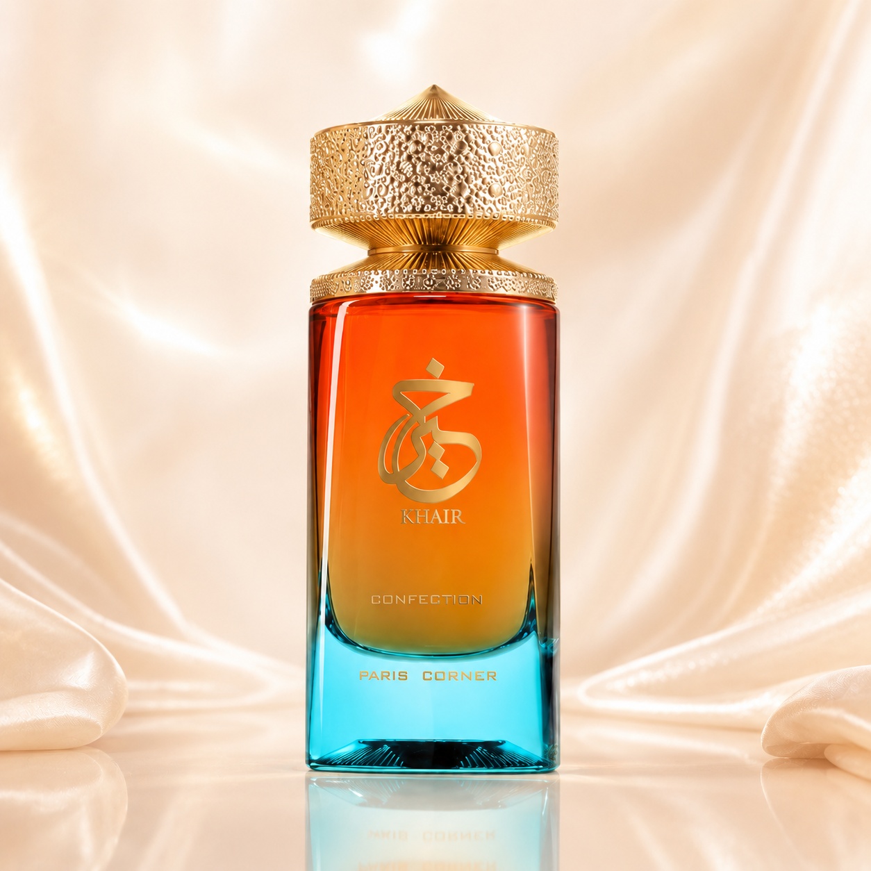 Flacon Khair Confection Paris Corner 100 ml cu sticlă turcoaz portocalie, logo auriu și capac metalic texturat premium