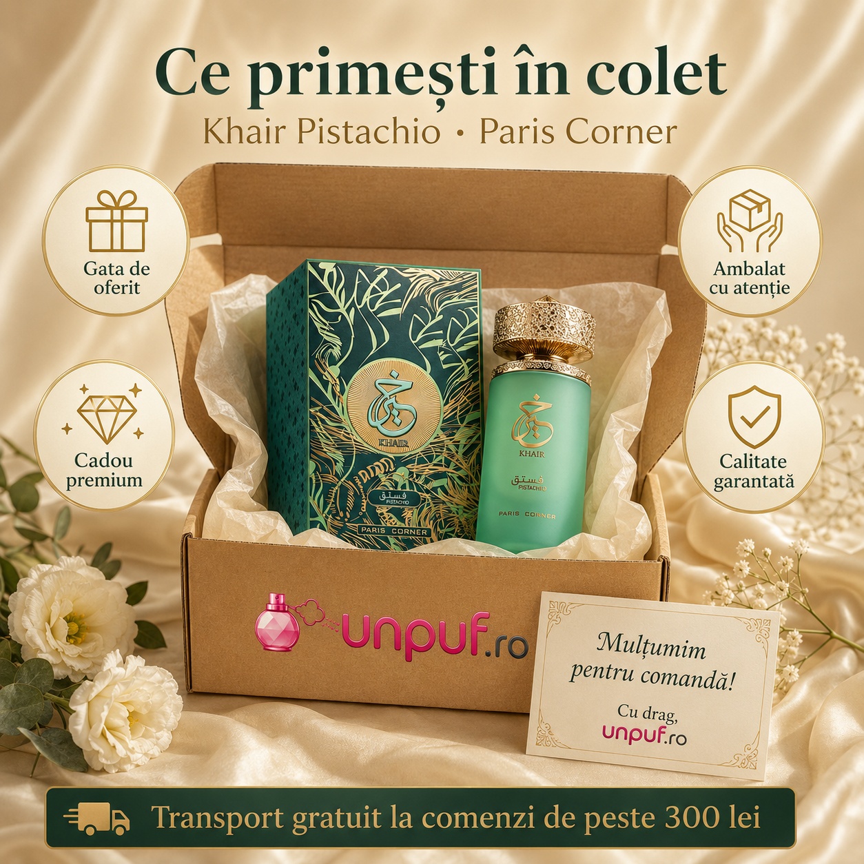 Ce primești &icirc;n colet Khair Pistachio Paris Corner 100 ml parfum original, cutie premium, ambalare atentă, cadou premium și calitate garantată