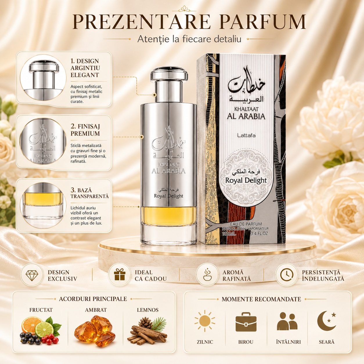 Prezentare parfum Khaltaat Al Arabia Royal Delight Lattafa acorduri fructat ambrat lemnos momente recomandate