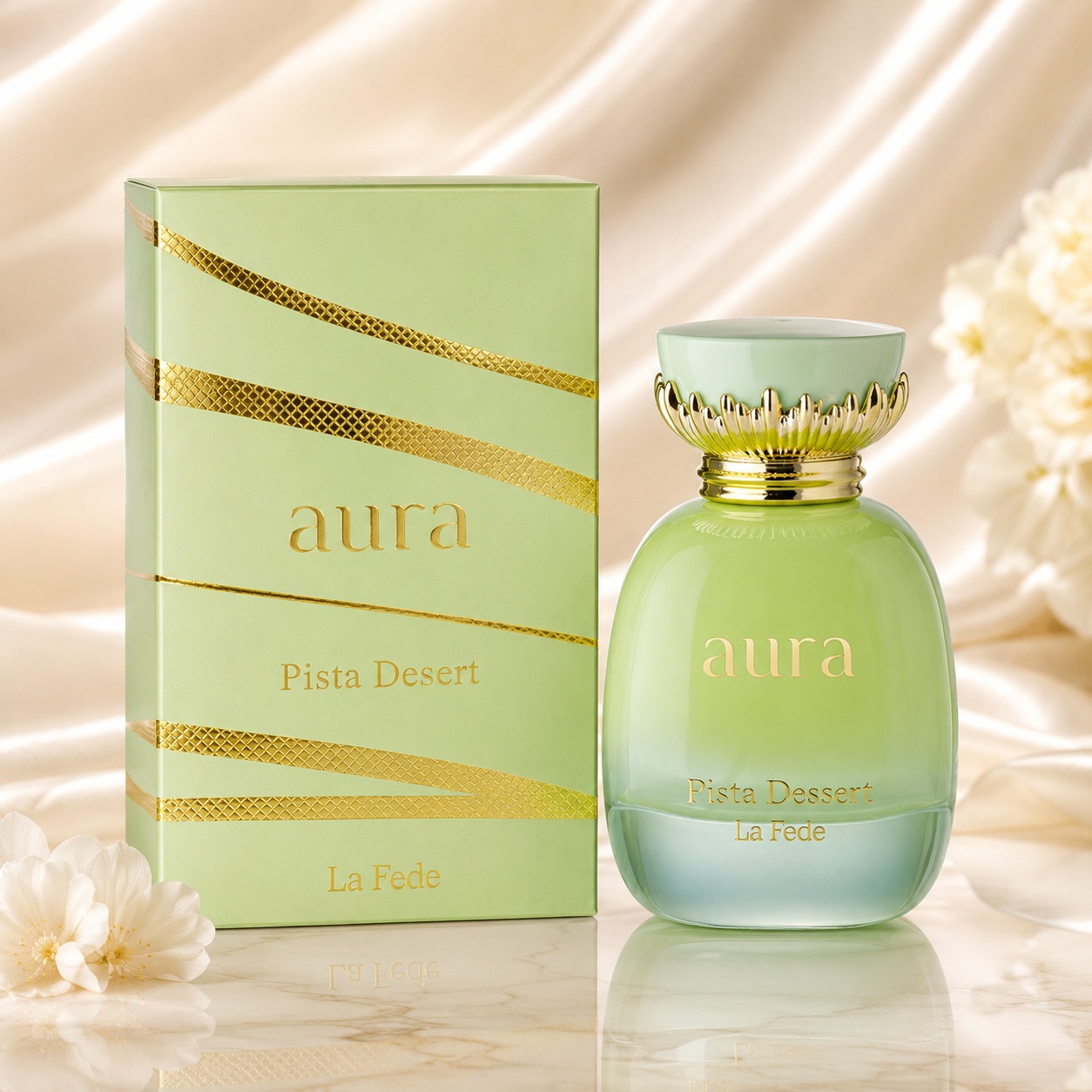 Parfum La Fede Aura Pista Desert 100ml pentru damă, sticlă verde fistic și cutie premium aurie