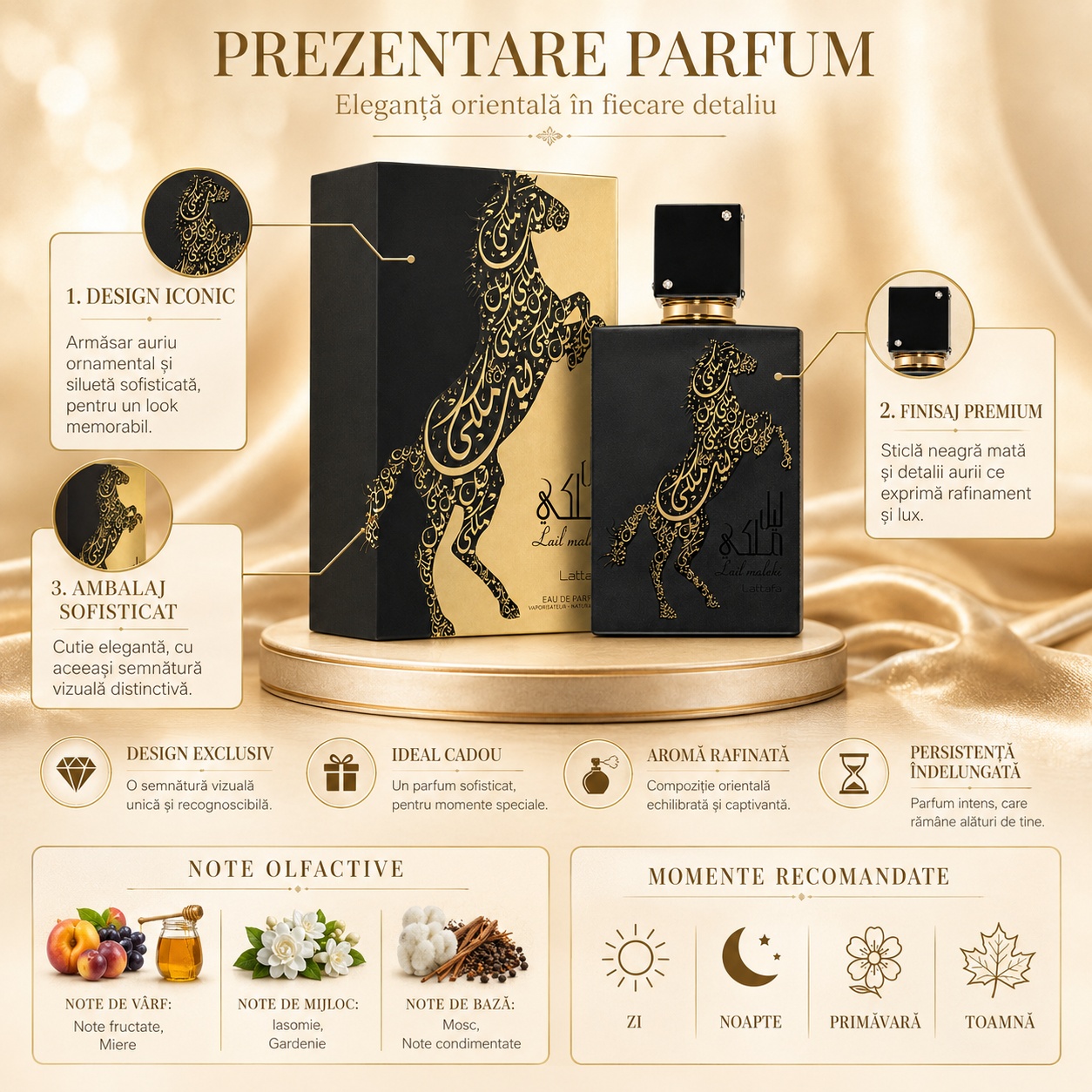 Prezentare parfum Lail Maleki Lattafa cu design iconic, ambalaj sofisticat, note olfactive și momente recomandate