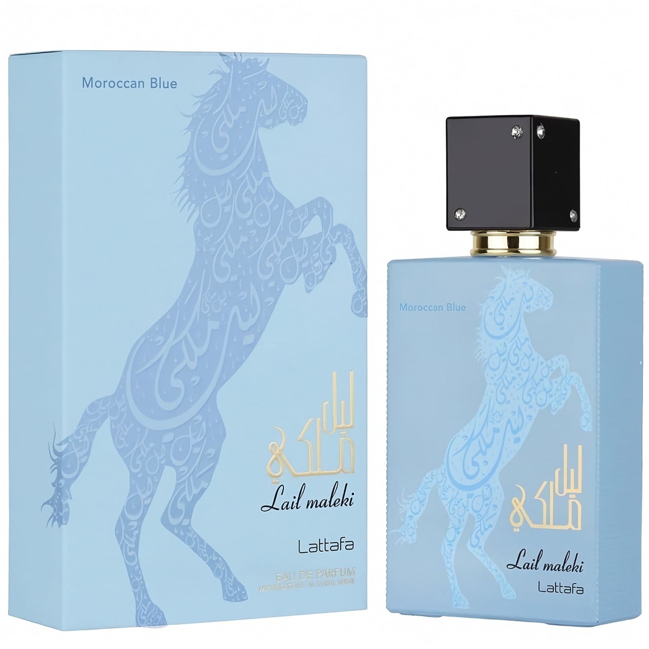 Cutie originală Lail Maleki Moroccan Blue Lattafa 100 ml și flacon parfum bărbătesc