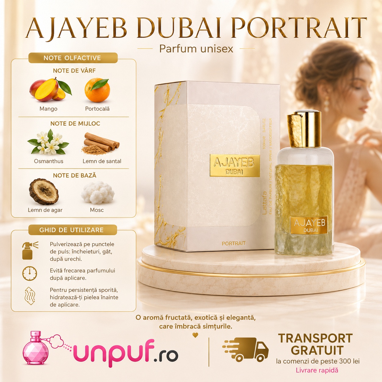 Lattafa Ajayeb Dubai Portrait note olfactive mango portocală osmanthus lemn de santal lemn de agar mosc și ghid de utilizare