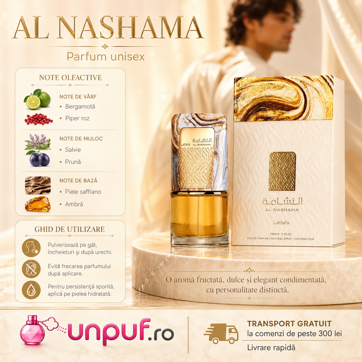 Lattafa Al Nashama parfum unisex 100 ml cu ghid de utilizare și note olfactive