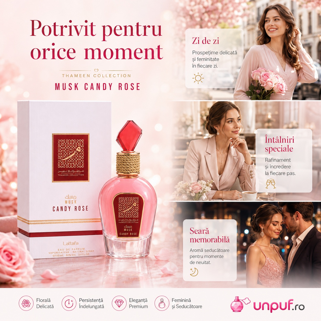 Parfum Lattafa Candy Rose potrivit pentru zi de zi &icirc;nt&acirc;lniri speciale și seară memorabilă