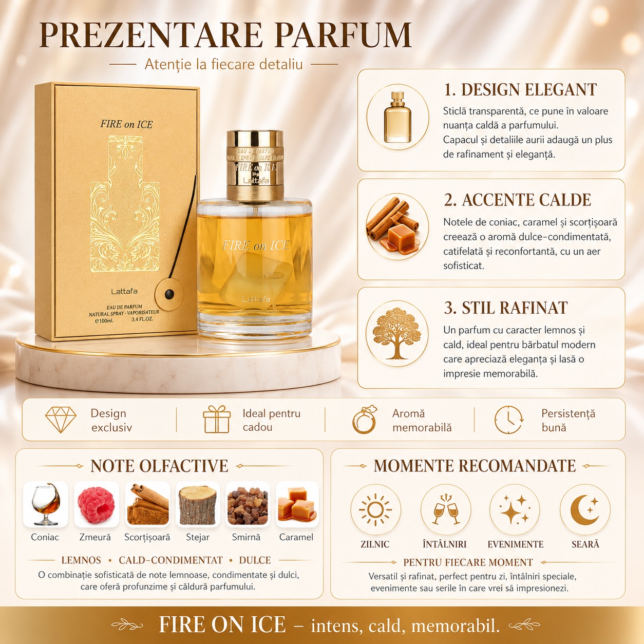 Prezentare parfum Lattafa Fire On Ice cu note de cognac zmeură scorțișoară stejar smirnă caramel și momente recomandate