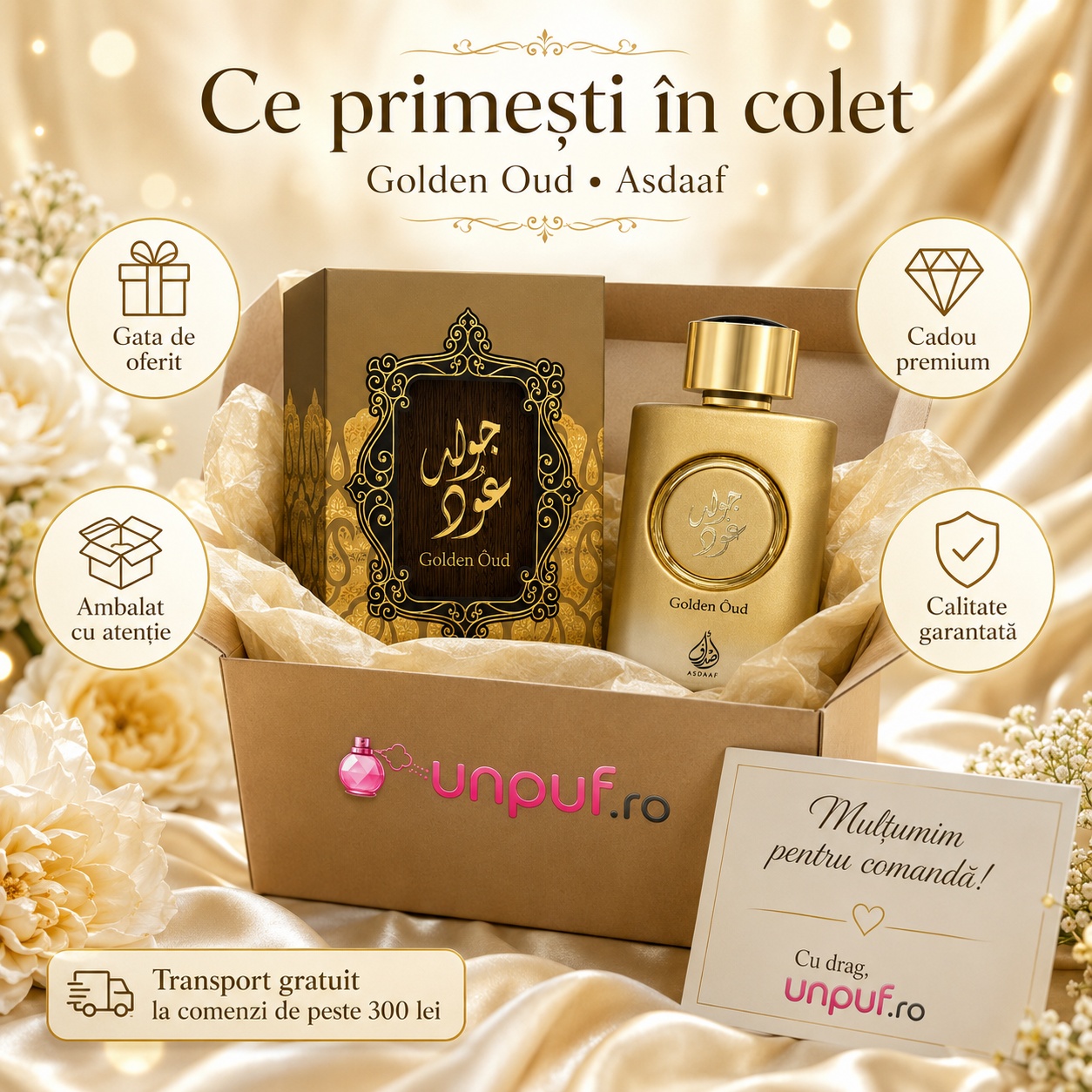 Ce primești &icirc;n colet Lattafa Golden Oud parfum arabesc unisex ambalat cu atenție de unpuf.ro cadou premium