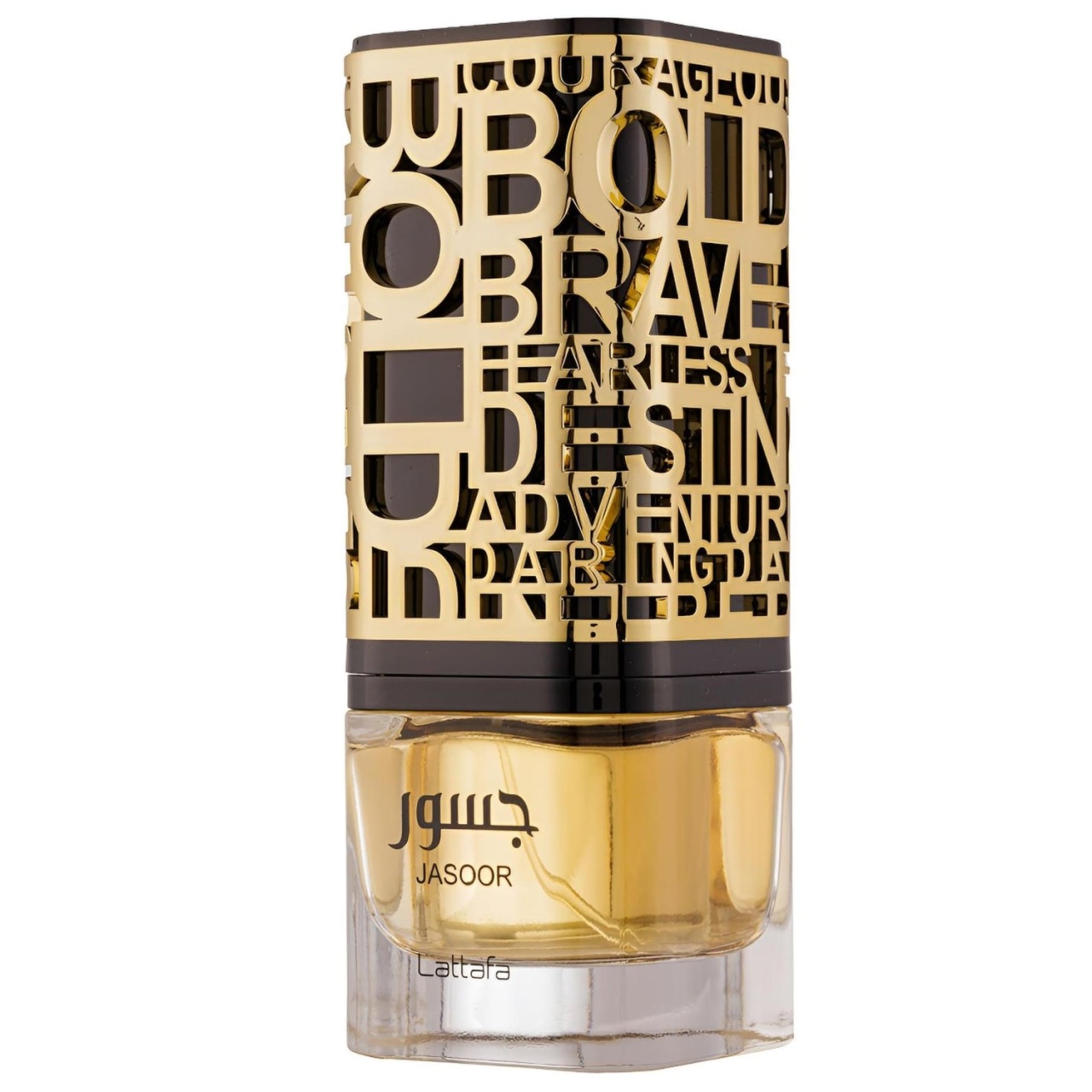 Detaliu flacon Lattafa Jasoor 100 ml parfum bărbătesc cu design auriu decupat și lichid ambrat