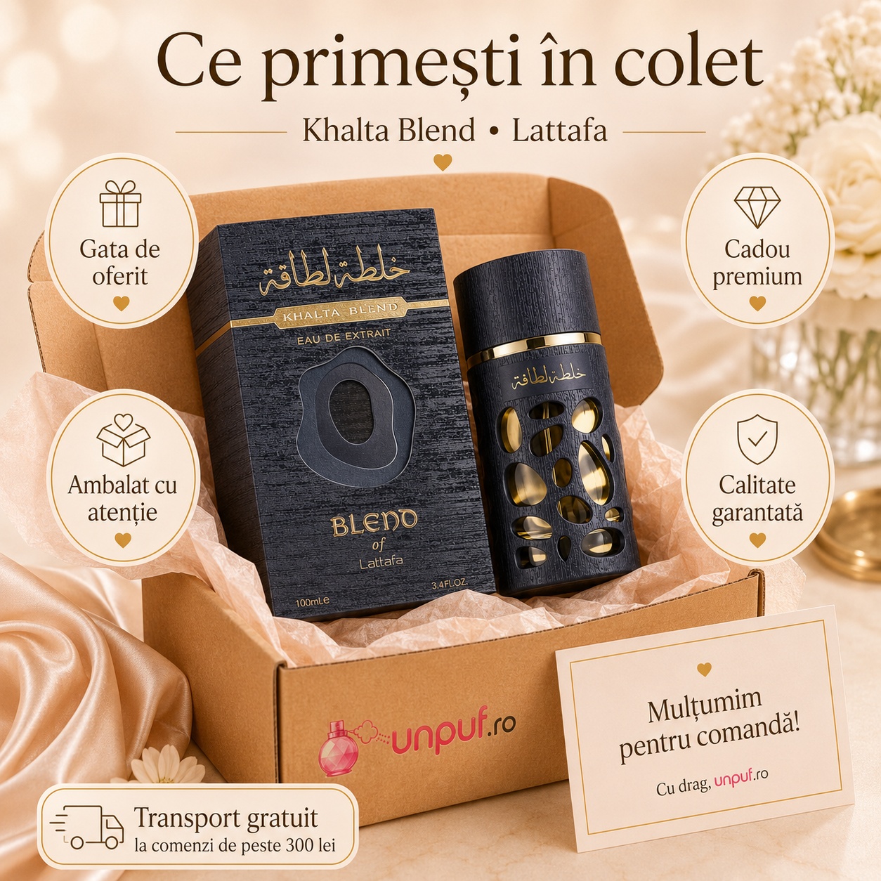 Ce primești &icirc;n colet Lattafa Khalta parfum arabesc unisex ambalat cu atenție de unpuf.ro cadou premium transport gratuit peste 300 lei