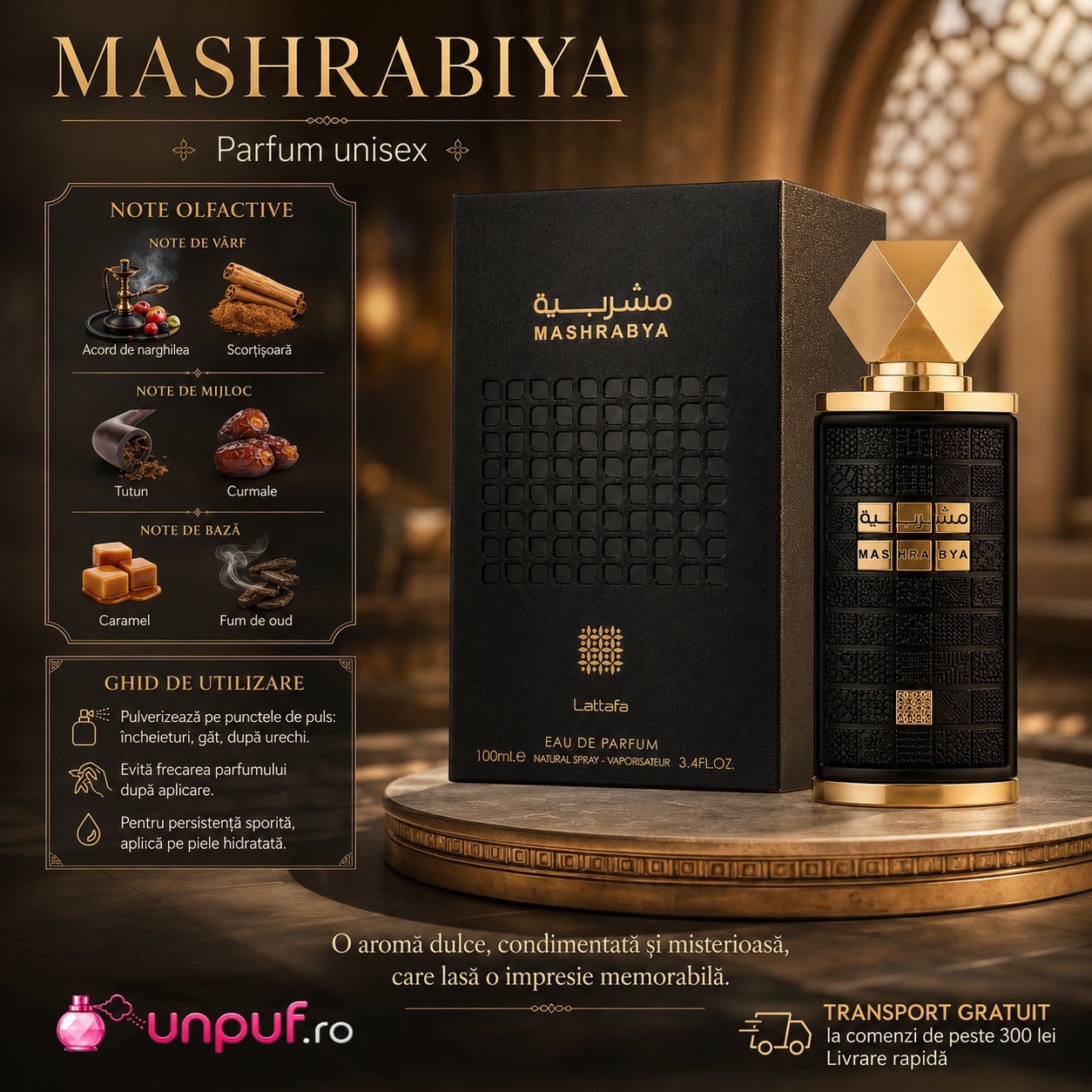 Lattafa Mashrabya parfum unisex cu note de narghilea scorțișoară tutun curmale caramel și fum de oud
