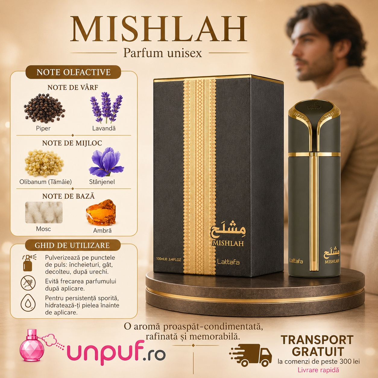 Lattafa Mishlah parfum unisex cu note de piper lavandă olibanum stânjenel mosc și ambră