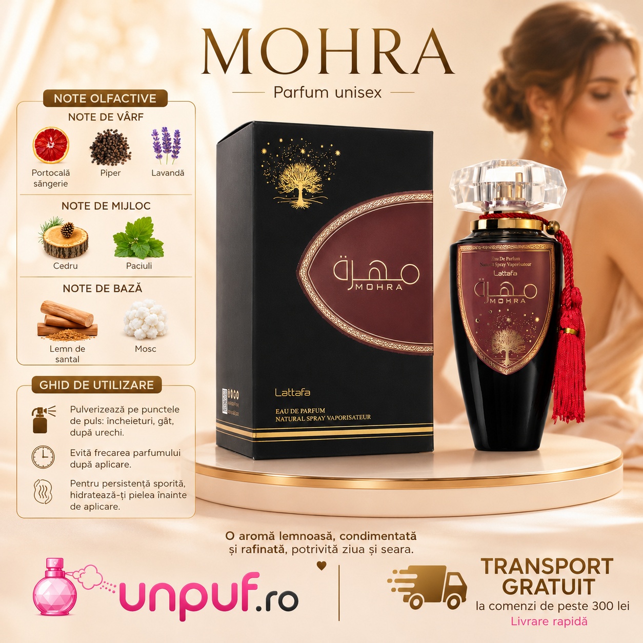 Lattafa Mohra parfum unisex cu note de portocală s&acirc;ngerie, piper, lavandă, cedru, paciuli, lemn de santal și mosc