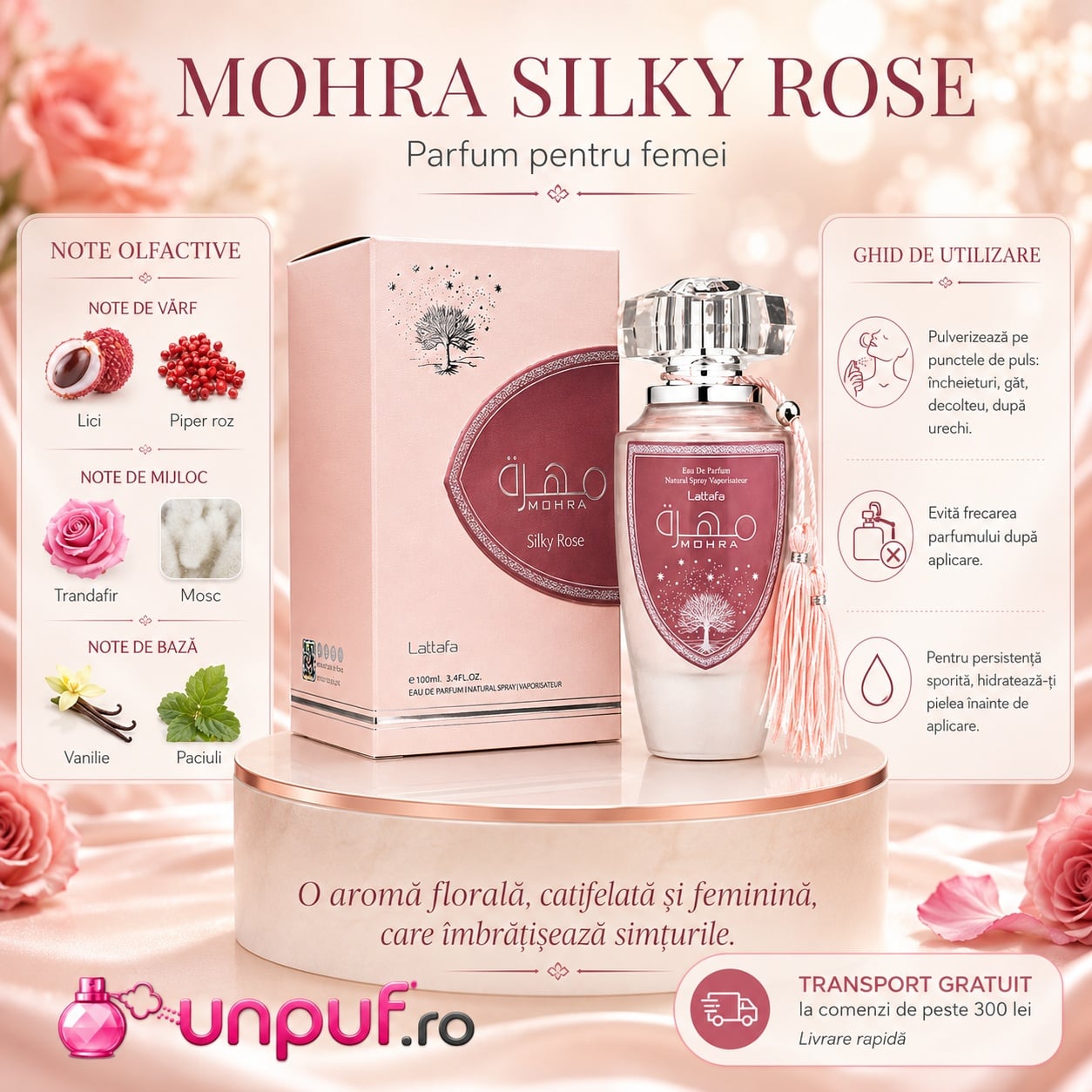 Lattafa Mohra Silky Rose parfum de damă cu note de lici piper roz trandafir mosc vanilie și patchouli &icirc;n imaginea de prezentare