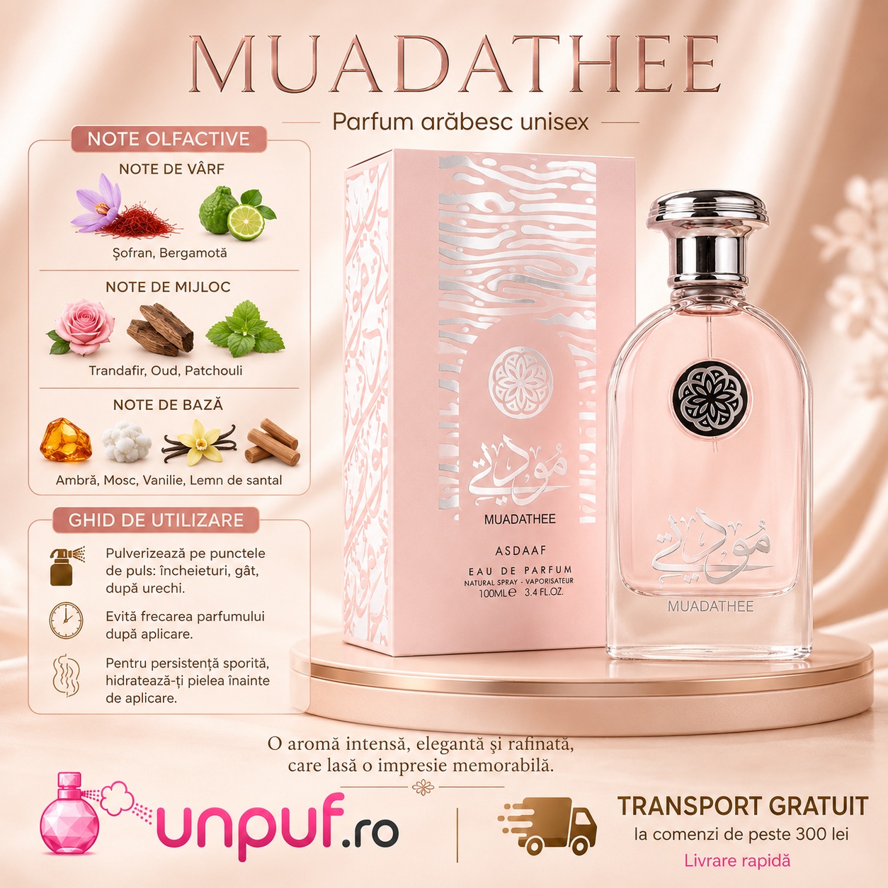 Lattafa Muadathee parfum unisex cu note de șofran bergamotă trandafir oud patchouli ambră mosc vanilie și lemn de santal