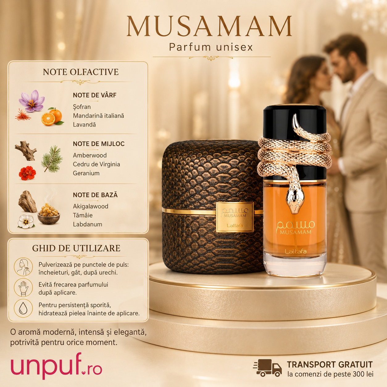 Note olfactive Lattafa Musamam parfum unisex cu șofran mandarină lavandă cedru tăm&acirc;ie și labdanum