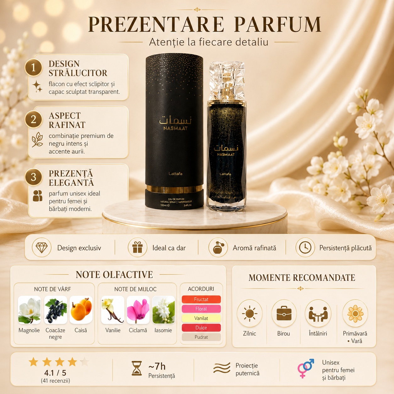 Prezentare parfum Lattafa Nasmaat cu design strălucitor, note olfactive, acorduri fructate florale vanilate și momente recomandate