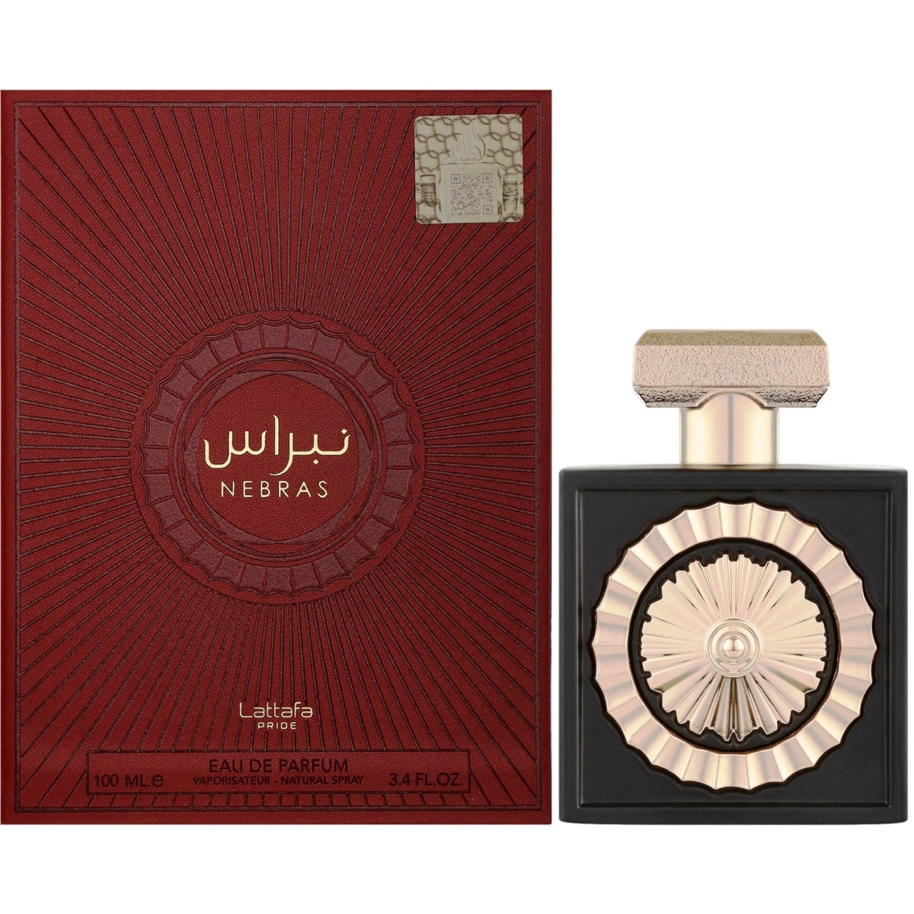 Parfum Lattafa Nebras 100 ml apă de parfum unisex cu flacon original negru auriu și cutie burgundy Lattafa Pride
